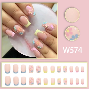 Macaron pastel press-on nails with 3D flower designs in square shape, 24 pieces set