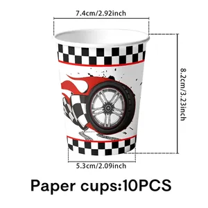 Racing party paper cups with checkered flag and flaming tire designs, 10-piece set for birthday