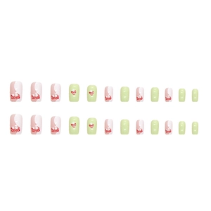 Short square press-on nails with green heart and pink polka dot bow designs 24pcs