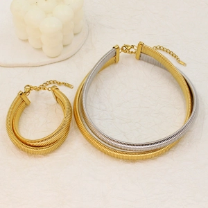 Two-piece gold and silver dual-tone woven necklace and bracelet jewelry set for women