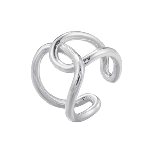 Detailed close-up of a silver-finish twisted knot ring with a modern open-end design