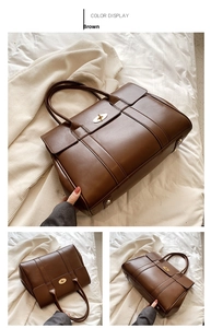 Detailed views of a large brown tote bag with gold turn-lock closure and dual handles