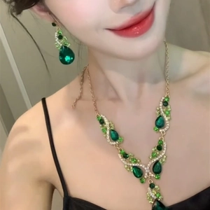 Elegant Green Water Drop Zircon Necklace And Earrings Alloy Rhinestone Bridal Evening Party Jewelry For Women