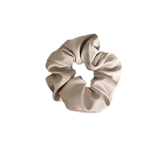 Elegant beige satin scrunchie with soft luster and minimalist retro design for women