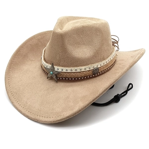 Retro Western Cowboy Hat Faux Suede Wide Brim Metal Star Turquoise Studded Band With Adjustable Windproof Rope Unisex
