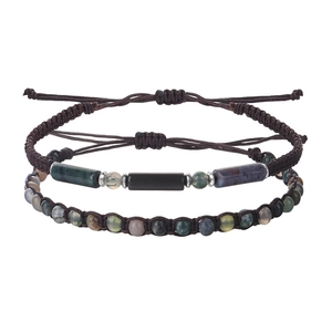 Detailed macro view of handmade braided stone bracelets with dark brown wax rope and beads