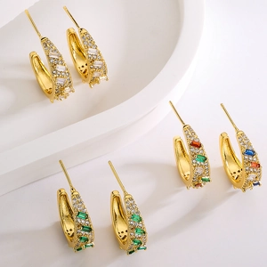 Chic gold-plated C-shape earrings with emerald, white, and multicolor zircon stones