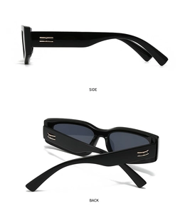 Detail view showing side and back of black rectangle sunglasses with gold accents