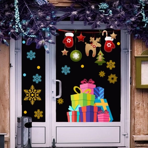 Christmas snowflake window stickers with colorful gift boxes for festive wall decor