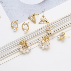 Elegant 18k gold plated pearl and zircon earring set with flower and triangle shapes