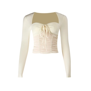 Beige tie-dye mesh long sleeve top with sweetheart neckline and ruched front detail