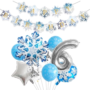 Close-up of blue and silver snowflake balloons with Happy Birthday banner for party decor