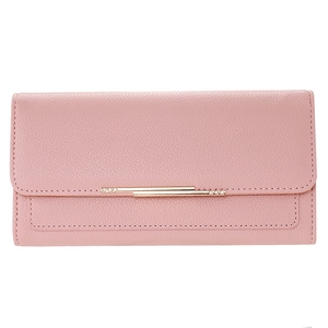 Pink lychee texture long trifold wallet for women with rhinestone gold bar decor