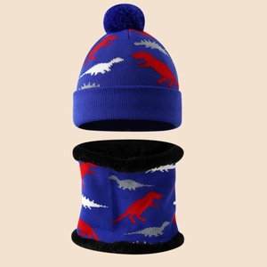 Kids winter blue dinosaur knitted hat and neck warmer set with fleece lining