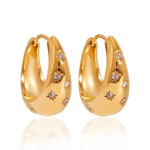 Gold stainless steel thick hoop earrings with sparkling star-set white crystals