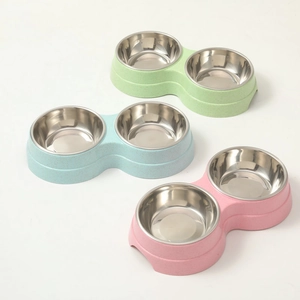 Three-color double pet bowls with stainless steel liners and frosted plastic base