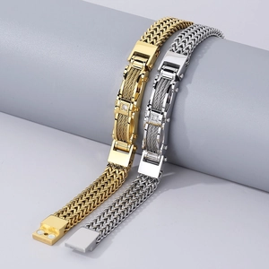 18K gold and silver plated stainless steel men's wheat chain bracelet with zircon