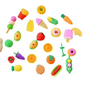 Set of 22 cute cartoon food shaped erasers including burger fries and fruits on white