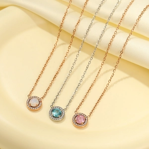 Classic stainless steel necklaces with round zircon pendants in three elegant colors