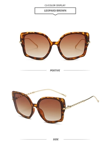 Detail of tortoiseshell cat eye sunglasses with metal twisted temples and gradient lenses