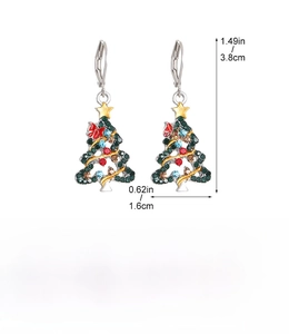 Detailed macro view of 3.8cm green alloy Christmas tree earrings with colorful rhinestones