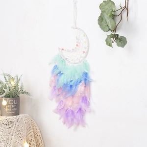 Handmade crescent moon dreamcatcher with gradient feathers and beads for wall hanging