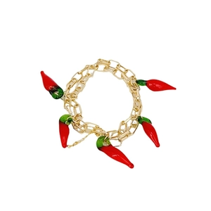 Trendy gold chain necklace with five vibrant red glass chili pepper charms for women