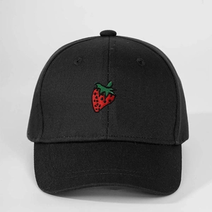 Classic black cotton baseball cap featuring detailed strawberry embroidery for daily wear