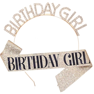 Detail view of gold rhinestone headband and champagne glitter Birthday Girl sash set