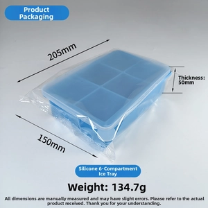 Detail showing dimensions 205x150x50mm of 6-cell light blue silicone ice cube tray with lid