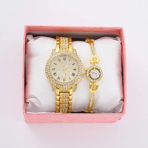 Luxury Full Rhinestone Women Watch and Bracelet Elegant Roman Numeral Dial Quartz Watch Alloy Business Wristwatch for Ladies