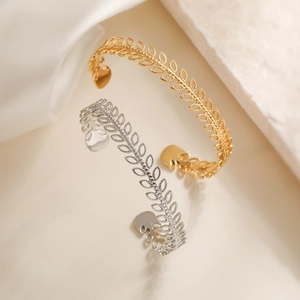Hollow Wheat Ear Leaf Open Cuff Bracelet Stainless Steel 18K Gold Plated Trendy Adjustable Delicate Jewelry For Women