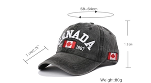 Detail view of washed gray cotton baseball cap with white CANADA embroidery and dimensions