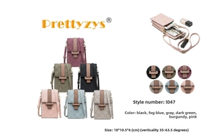 Detail showing various colors of quilted mini phone bags with buckle and size parameters