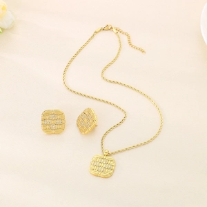 Elegant 18K gold plated square pendant necklace and stud earrings set with crystal stones