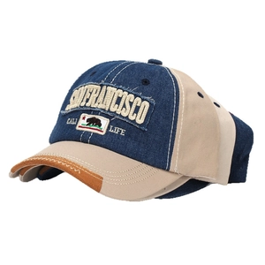 Distressed San Francisco baseball cap with embroidered California bear in blue and beige