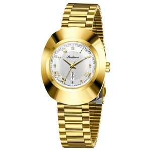 Elegant gold-tone quartz watch for women with round white dial and metal link bracelet