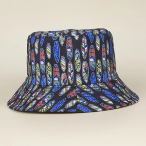 Double-sided bucket hat with colorful surfboard prints and The Ocean Calling text