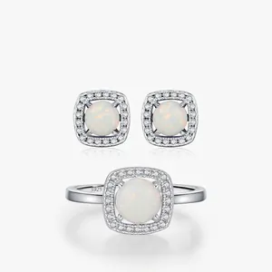 925 Sterling Silver Round White Opal Zircon Square Halo Ring And Stud Earrings Elegant French Style For Women