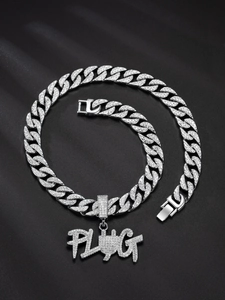 Silver iced-out Cuban chain with a diamond-encrusted PLUG letter pendant for men