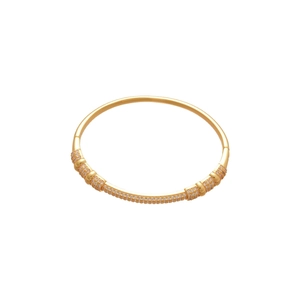 Gold plated hinge bangle featuring rows of white zircon stones on a white background