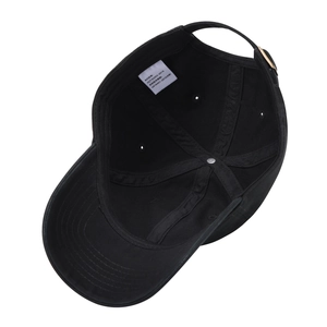Black oversized 65cm baseball cap featuring internal lining, adjustable metal strap and tag