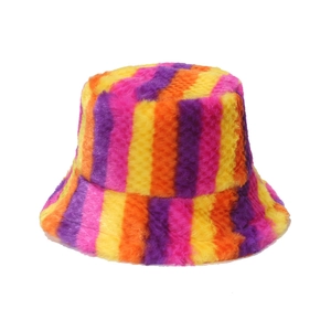 Rainbow striped faux rabbit fur bucket hat with warm plush texture for winter style