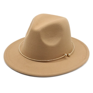 Classic wide brim felt fedora hat in light brown with stylish gold metal ring decoration