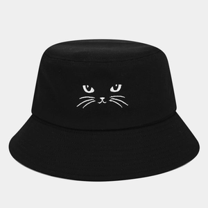 Unisex black cotton bucket hat with cute white cat face embroidery for sun protection