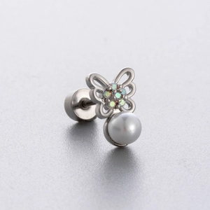 Silver butterfly ear stud with purple zircon and hanging pearl detail on screw back