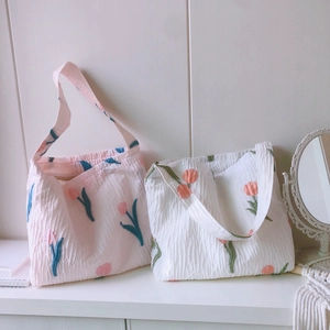 Sac Sous Les Aisselles En Toile Seersucker Broderie Tulipe Fourre-Tout Épaule Frais Minimaliste Avec Fermeture Éclair Pour Femmes