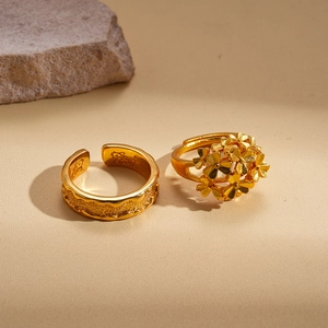 24k gold-plated floral and wavy geometric open rings for women with vintage aesthetic