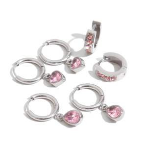Three pairs of silver stainless steel earrings with pink heart and teardrop zircon stones