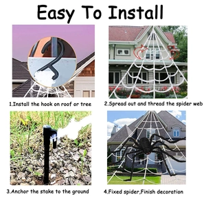 Detailed four-step installation guide for giant Halloween spider web with ground stakes